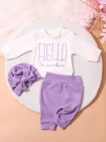 SHEIN Newborn HELLO Letter Embroidered Outfit Set, Infant Tops, Bottoms, Hat, Baby Photography Clothes For 1 Month To 100 Days Old, Unisex Fall Winter - Multicolor - View 2