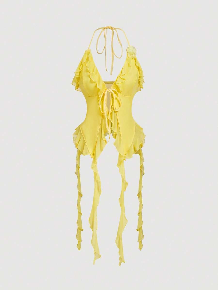 SHEIN MOD Summer Romantic Yellow Ruffle Edge Ribbon And 3D Flower Tie Neck Top Summer Women Tops Concert Sexy - Yellow - View 1