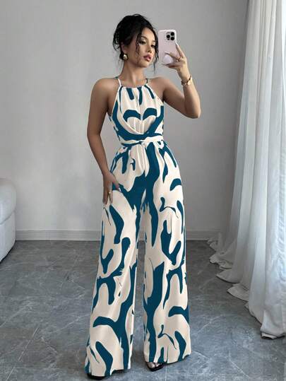 SHEIN Tall 女士印花束腰优雅休闲无袖连体裤，适合日常和假日穿着