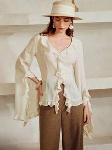 Chiquease 女士波西米亚风雪纺轻盈荷叶边不对称法式浪漫宽松长袖衬衫，白色上衣，夏季上衣，女士衬衫，女士夏季，飘逸上衣，职业女性，复古风格，女士夏季，可爱夏季上衣，女士外出上衣，女士办公室，飘逸上衣，秋季 - 杏色 - 查看 7