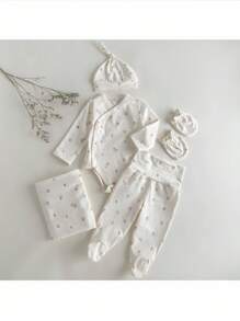 Loomiva 新生男婴/女婴 5 件套碎花针织柔软圆领长袖上衣、松紧腰裤、襁褓毯、帽子和手套 - 杏色 - 查看 8