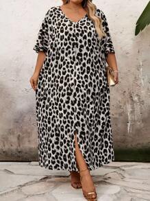 SHEIN CURVE+ Vestido casual suelto de unicolor con cuello en V y manga larga, parches, talla grande, Vestido de leopardo de talla grande, Vestido de animal de talla grande, Vestido de verano de talla grande, Vestido de leopardo de talla grande