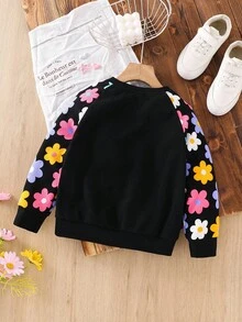 SHEIN 年轻女孩休闲 1 件可爱彩色花卉图案拼布针织圆领长袖运动衫、套头衫、运动街头风格、返校、日常穿着、万圣节 - 黑色 - 查看 2