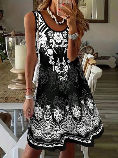 SHEIN LUNE Plus Size Women Floral Print Bohemian Style Casual Sleeveless Round Neck Dress, Suitable For Beach Vacation