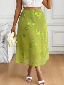 SHEIN PETITE CURVE Plus Size Women Floral Sequin High Waist Fashionable Mini Skirt