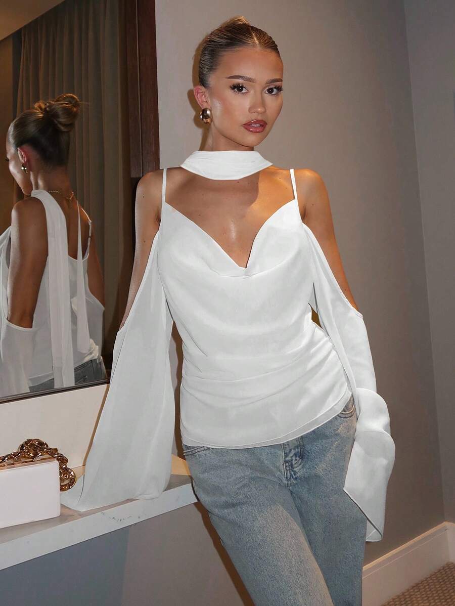 Glamine 2025 Elegante blusa de gasa sin mangas de unicolor con tirantes, ropa de otoño para mujeres, de vuelta a la escuela - Blanco - Ver 1