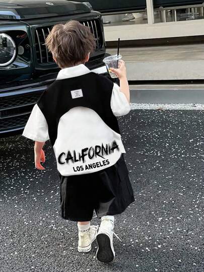 青少年男童休闲大字母印花 Polo 衫和短裤套装，适合秋季、春季、夏季，适合户外玩耍、学校、街头摄影、派对和居家休闲，返校服装