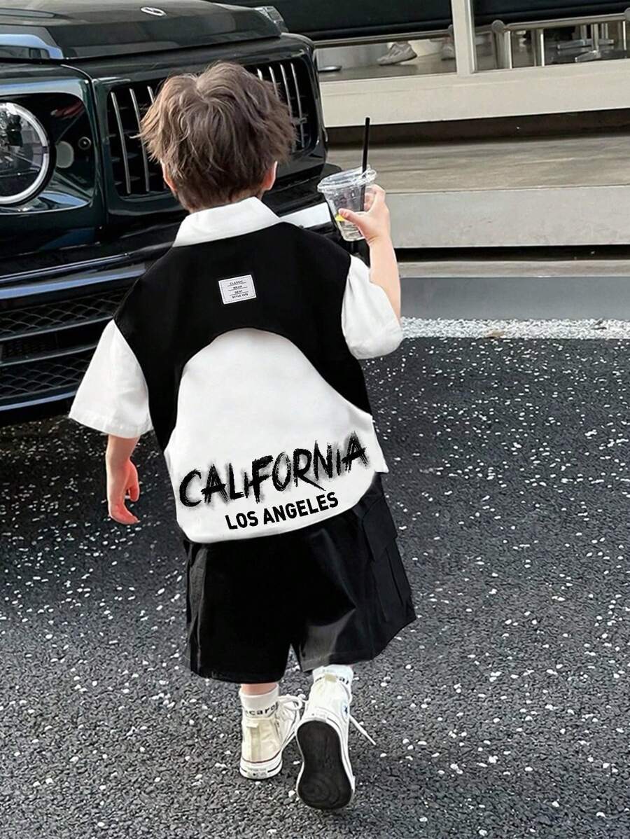 Tween Boy's Casual Big Letter Print Polo Shirt And Shorts Set,Black Classy Summer Vacation Clothes,Back To School Outfits For Party,School And Street - White - View 1