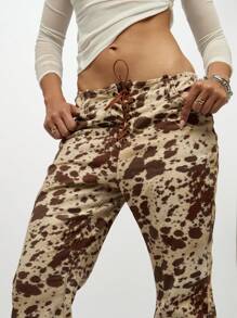 SUMWON WOMEN Flare Jeans Cow Print High Rise Western Boho Festival Lace Up Front Denim Pants Fall Winter Fashion Bell Bottom Y2K Retro Style - Multicolor - View 6