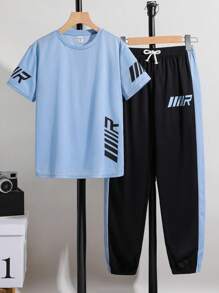 SHEIN 2-Pack Tween Boy Casual Light Blue Sports Set,Summer Streetwear Back-To-School Outfit With Pattern Splicing T-Shirt And Trousers For School Kids - Blue - View 2