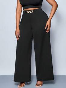 SHEIN PETITE Plus Size Women's Solid Color Belt Metal Buckle Detail Wide Leg Pants, Tall Pants, Four Seasons Style, Party, Concert, Commuting Daily Style, Music Festival, Romance, Valentine's Day, Vacation, Spring And Summer Loose Pants Fall Cloth For Women - Black - View 4