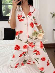 SHEIN 花卉印花翻领短袖睡衣套装 - 彩色 - 查看 4