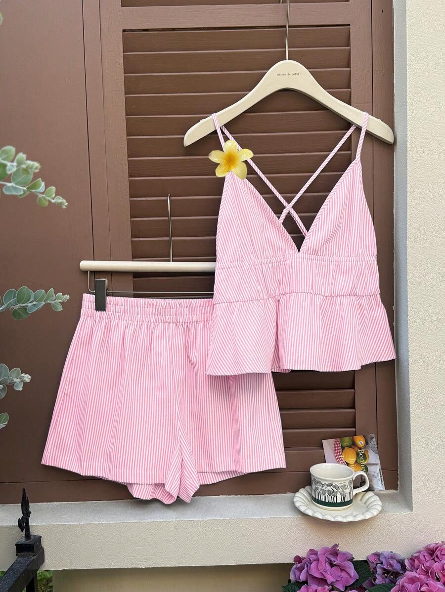 Comfortcana 女士夏季休闲条纹吊带背心和短裤套装 - 粉色 - 查看 1