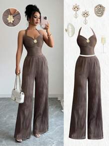 Selianne Bộ 2 món áo crop top dây mảnh họa tiết hoa phong cách Y2K mới + quần ống đứng, vừa vặn, hoàn hảo cho Ngày Độc lập và phong cách Stockholm, màu nâu - màu nâu - Xem 1