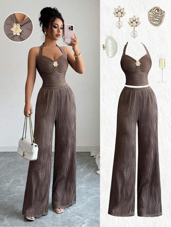 Selianne Coffee Brown,Summer,Elegent,Party Vintage Y2K Textured Floral Spaghetti Strap Crop Top & Straight Leg Pants 2 Pieces Set, Fit Stockholm Style