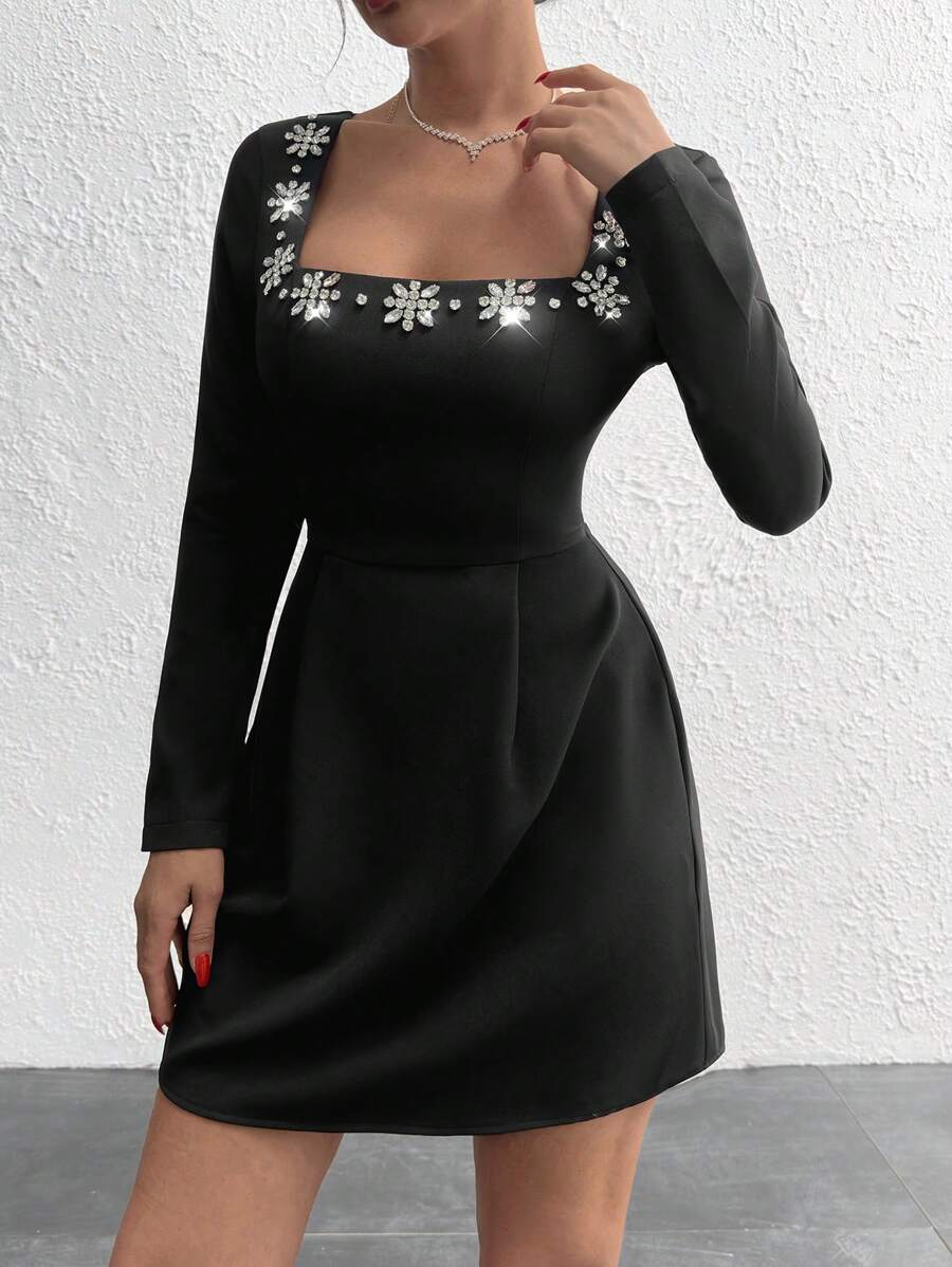 EURMUSE Rhinstone Embellishment Detailed Square Neck Long Sleeve Princess Shape Elegant Short Dress - Black - View 1