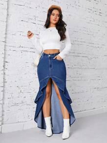 SHEIN BAE Ruffle Trim Denim Skirt - Light Wash - View 6