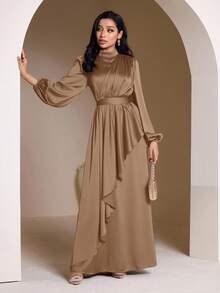 Veilorie 女士优雅纯色灯笼袖超长连衣裙 - 棕色 - 查看 6