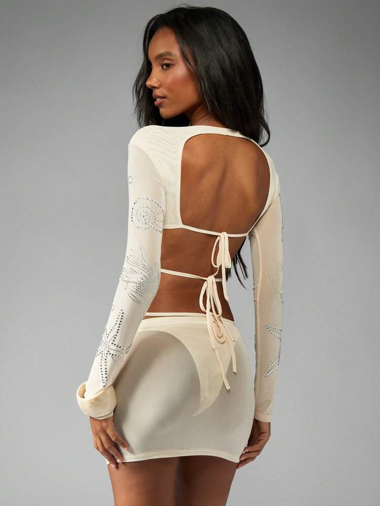MISSGUIDED Two Piece Long Sleeve Star Fish Crop Top And Mini Skirt Set With Rhinestone Detail Cut Out Back Beach Resort Club Wear Festival Night Party Summer Outfit