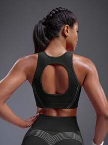 Powerista 女士条纹镂空设计短款运动文胸，适合日常锻炼 - 黑與白 - 查看 5
