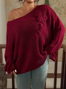 SHEIN VCAY Plus Size Women's Solid Color Voluminous Floral Decor Oblique Shoulder Pullover Sweater In Fall/Winter - Burgundy - View 4