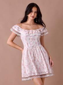 Enchnt Summer Romantic Women's Apricot Floral Hollow Embroidered&Print Lace Off-Shoulder Sleeveless Cute Princess Mini Dress - Multicolor - View 1