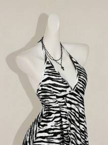 SHEIN ICON Women's Zebra Print Ruffled Hem Halter Neck Top Animal Print Swimwear, Y2k Tops - Black and White - View 4