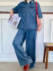 SHEIN Teen Girls Old Money Style Casual Short Sleeve Oversize Soft Denim Shirt And Baggy Wide Leg Jeans Set,Country Concert Outfit Two Pieces,Fall Autumn Clothes,Work/Office Business Casual Outfits,Girls Fall Back To School Outfits - Medium Wash - View 5