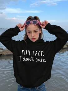 SHEIN Leap Crew 少女可愛黑白字母圖案連帽冬季運動衫，長袖休閒套頭衫，適合秋季返校穿著 - 黑色 - 查看 3