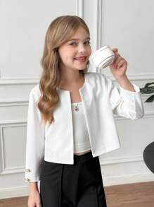 SHEIN Serisse Kids Chaqueta de punto corta de color blanco sólido con botones metálicos, de estilo informal y de diario para niña preadolescente - Blanco - Ver 1