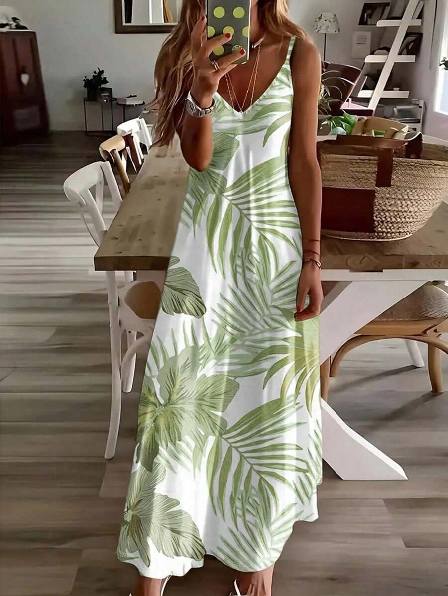 INAWLY 女士休闲度假植物印花长款吊带裙 - 薄荷綠 - 查看 1