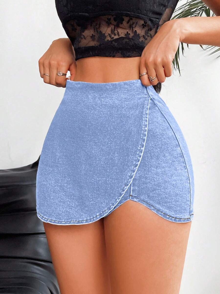 SHEIN Tall 女士休闲水洗裹身牛仔短裤 - 霧霾藍 - 查看 1