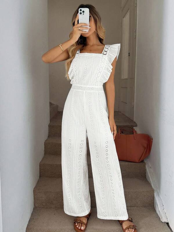 Easowa Eleganter französischer Jumpsuit mit gebundenen Ärmeln, hoher Taille, tiefem V-Rücken, einfarbiger Stickerei, gerader, weiter Beinschnitt, Sommer Resort Kleidung, weißer Jumpsuit mit Ösen, Sommer Jumpsuit, weißer Jumpsuit, ärmelloser Jumpsuit, Boho-Jumpsuit