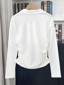 SHEIN 女款骑士图案 Polo 领修身白色长袖 T 恤秋季女装 - 白色 - 查看 2