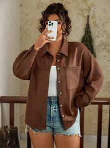 SHEIN VCAY 大码女式摩卡绒面长袖衬衫，带前口袋，宽松西式休闲纽扣衬衫 - 摩卡棕 - 查看 4