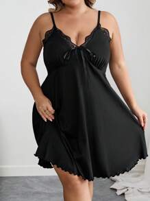 SHEIN CURVE+ Váy liền thân cổ vá ren đen cỡ lớn cho nữ cỡ lớn - màu đen - Xem 5