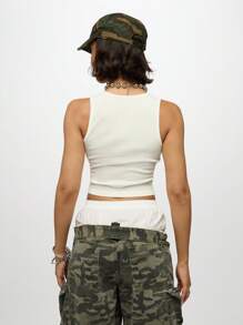 SUMWON WOMEN Notch Neck Crop Tank Top Badge Print Ribbed Summer Y2K Streetwear Retro Soda Pop Art Vintage Inspired Festival Sleeveless Vest - White - View 2