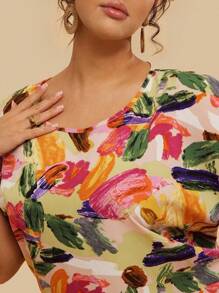 SHEIN VCAY Plus Allover Print Batwing Sleeve Summer Boho Blouse - Multicolor - View 4