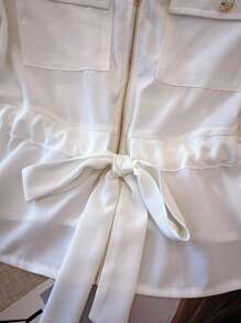 Franclia Áo sơ mi nữ cổ chữ V màu trơn có dây rút khóa kéo, mùa hè - trắng - Xem 3