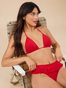 WESTFADE Nylon Ruffle Micro Skirt High Cut Leg Cheeky Coverage Bikini Bottoms Summer Beach Vacation Outift - Red - View 1