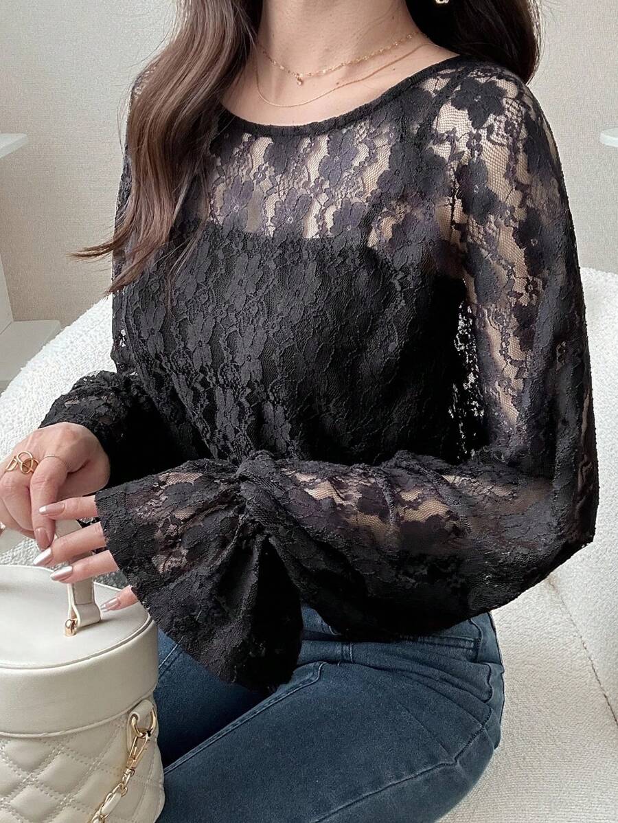 FRIFUL Camiseta holgada de encaje transparente con mangas acampanadas en color albaricoque, para primavera/verano - Negro - Ver 1