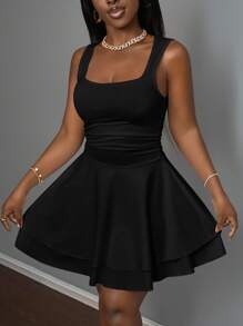 Slaydiva 2026 Spring & Fall New Arrival Vacation Casual Romantic Basic Street Everyday Sexy Elegant Office Party Clubwear Pure White Sleeveless V-Neck Layered Short Dress For Plus Size Women,Back To School,Wedding Guest Dress Women - Black - View 3