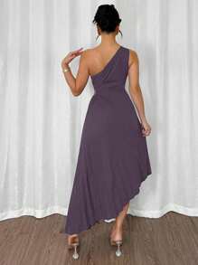 Modelyn 女士时尚优雅不对称荷叶边下摆中长连衣裙 - 紫色 - 查看 7