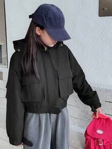 DAZY Tween Girls Hooded Solid Color Utility Pocket Padded Coat Winter - Black - View 6