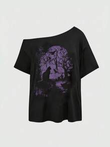 ROMWE Goth Spring/Summer Graphic Black Halloween Distressed Hem Loose Fit Friday 13th Collab Fuzzy Sweater - Black - View 1