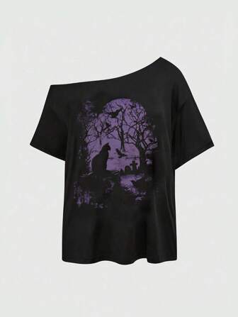 Goth Women's Gothic Dark Style Black Cat, Raven, Tree, Gravestone Graphic Strap Sleeve Vintage Loose Fit Plus Size Summer Crop Top Suitable For Going Out