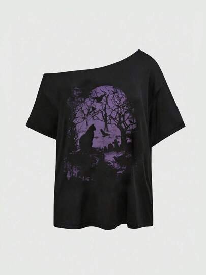 Women's Gothic Dark Style Black Cat, Raven, Tree, Gravestone Graphic Strap Sleeve Vintage Loose Fit Plus Size Summer Crop Top Suitable For Going Out