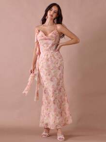 Enchnt Vestido largo de sirena con cuello de capucha, tirantes de espagueti, espalda descubierta y decoración de volantes con estampado floral rosa coral para mujer, para verano/otoño - Multicolor - Ver 5