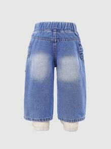 SHEIN 女婴休闲日常都市街头可爱蝴蝶结装饰简约百搭牛仔裤 - 中等水洗藍 - 查看 2