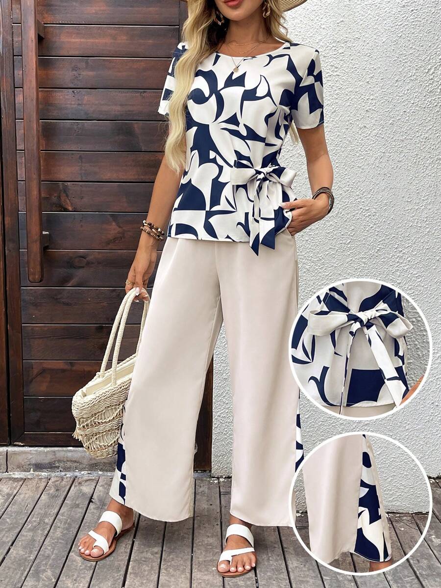 SHEIN LUNE 女士两件套夏季服装 女士优雅上衣 女士乡村音乐会服装 工作服 女士办公室服装 女士休闲套装 度假两件套 2 件夏季服装 女士教师服装 宽松裤 - 彩色 - 查看 1